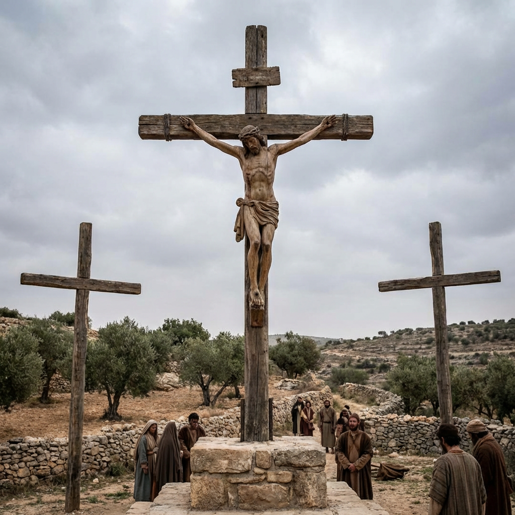 A figure of Jesus on a central wooden cross flanked by two empty crosses.